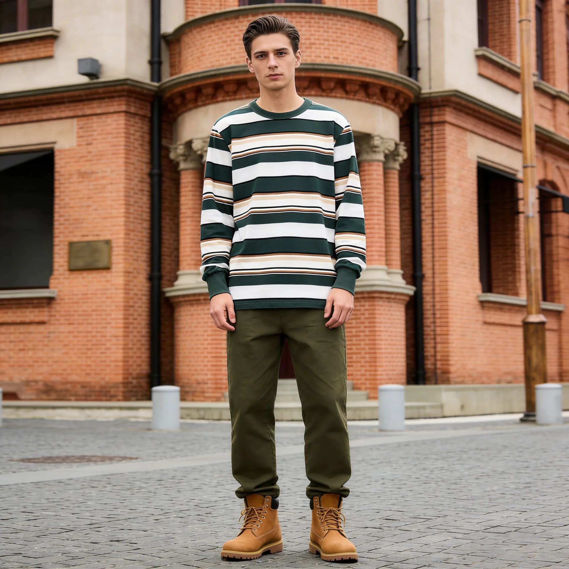 Men Loose Fit Color-coded Striped O-neck Long Sleeve T-shirts Spring Autumn New Fashion Male Casual Trendy Simple Basic Tops