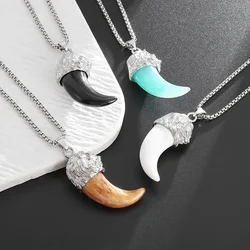Domineering Lion Buffalo Horn Wolf Tooth Necklace with Stone Men's Punk Jewelry Pendant Indian Beast Necklace