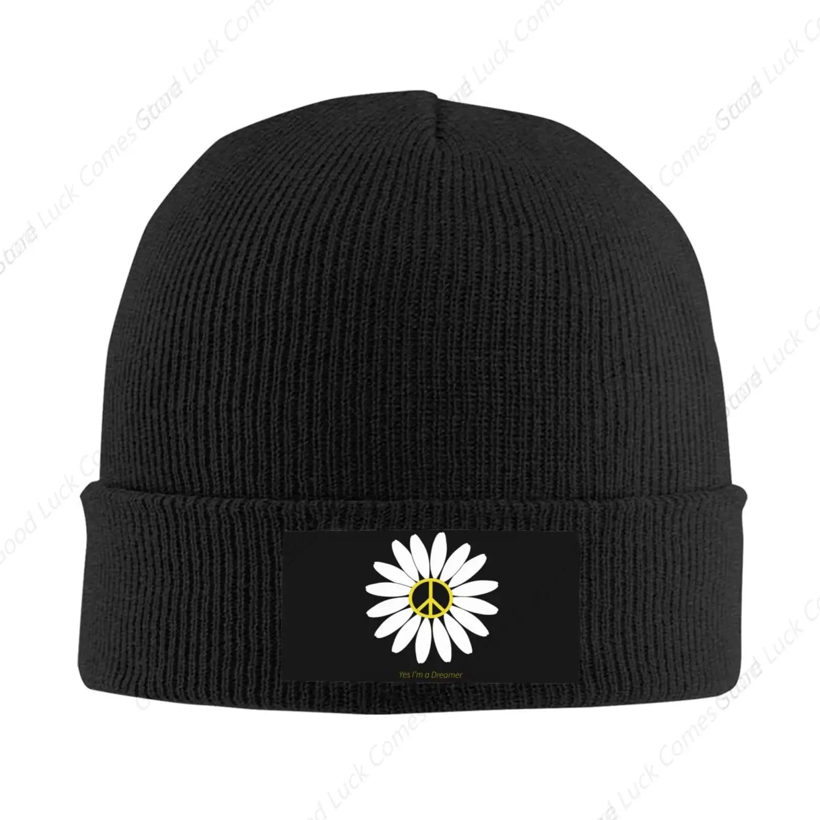 Unisex Daisy Peace Icon Positive Beanie for Men and Women Cuffed Plain Knit Hat Winter Soft Warm Beanies Hats Cap