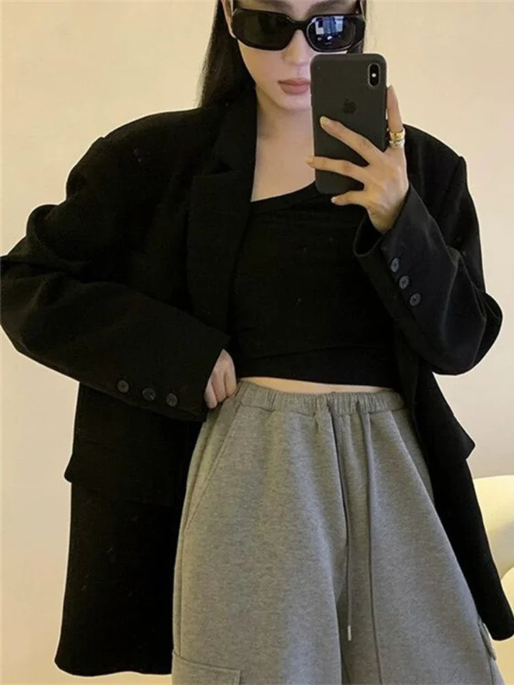Blazer a maniche lunghe larghi da strada alla moda Cappotto da donna da ufficio casual con bottone singolo All-match Blazer da donna vintage solido