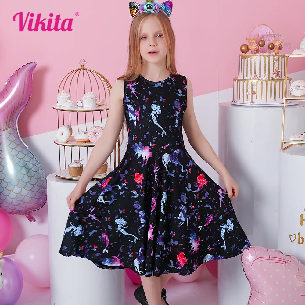 VIKITA Kids Mermaid Butterfly Unicorn Print Dress Kids Summer Sleeveless Vestidos Kids Polyester Beach Vacation Casaul Dresses