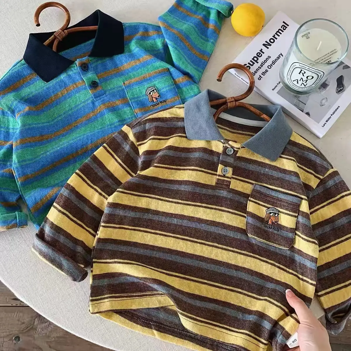 Frühling Herbst Neues gestreiftes Poloshirt für Kinder, Jungen und Mädchen, Oberteil mit Welpen-Tasche, Baby-Langarm-Basic-T-Shirt, modisch und gut aussehend – Detail 2