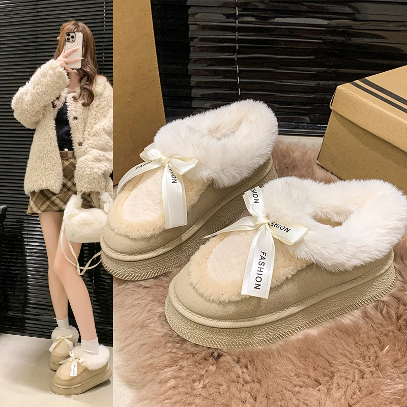 

Новые зимние модные теплые домашние ботинки с бантом для женщин, домашние тапочки с мягкой подошвой, удобные ботинки