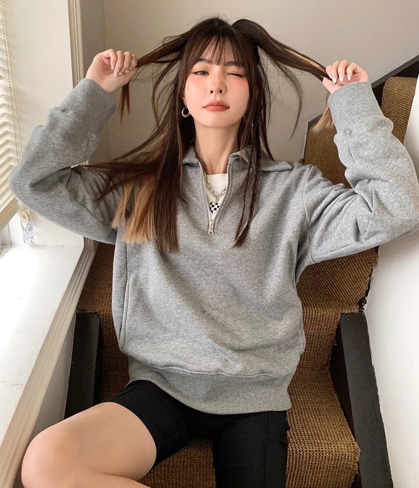 

2024 Autumn and Winter New Women Tops Sweatshirt Zipper Design Turn Down Collar Long Sleeve All Match Female Hoodie Clothing