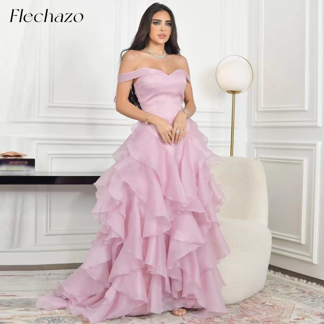 Flechazo Pink Prom Dresses Off Shoulder Floor-Length Ruffles Formal Evening Party Dress For Women 2024 vestidos para mujer