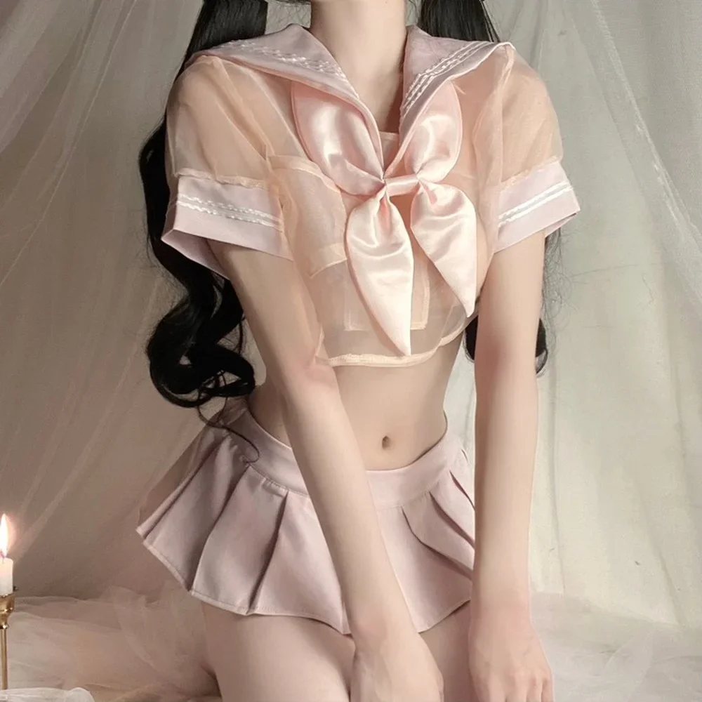

Pink Student Uniform Lolita Top Pleated Skirt Sexy Sailor Cosplay Costume Kawaii Shirt Miniskirt Panty Erotic Roleplay