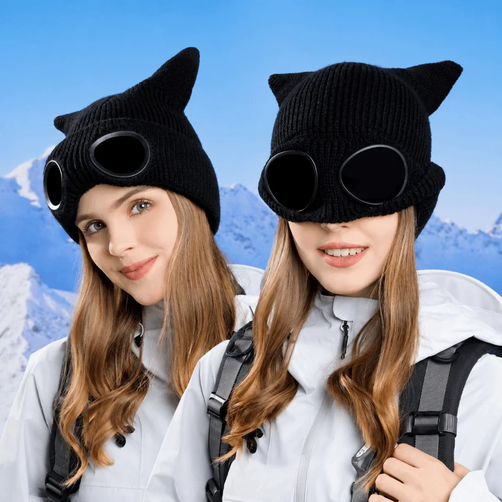 Fashion Warm Winter Beanie Windproof Lining Skullies Hat Thickened Cat Ear Knitted Goggles Hat Outdoor