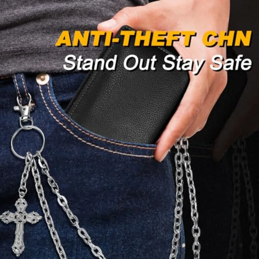 4 Pcs Punk Layered Pants Chain for Women Men Silver Goth Hip Hop Skull Biker Cross Skeleton Wallet Jeans Pocket Chain Belt Deco view 5