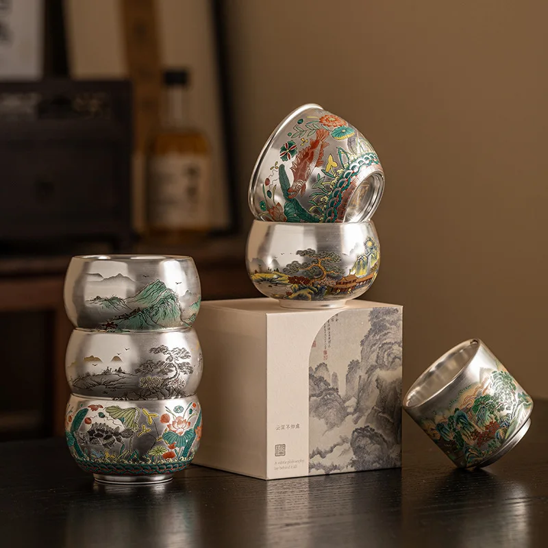 Silver Lined Ceramic Master Tea Cup, Hand Painted Dragon Landscape Lotus Kung Fu Teacup with Luxury Gift Box Tea Set Accessory