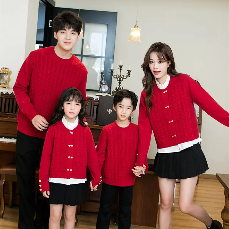 

New Year Family Matching Red Knit Clothes Christmas Mother and Daughter Knitted Cardigan Father and Son Children Sweater Jumper