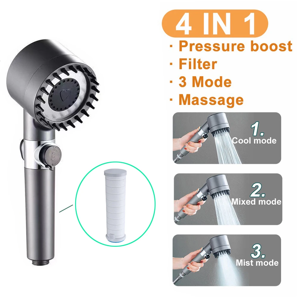 

3 Modes Shower Head with Filter Adjustable High Pressure Water Saving Shower Head Massage Showerhead for Bathroom Accessories