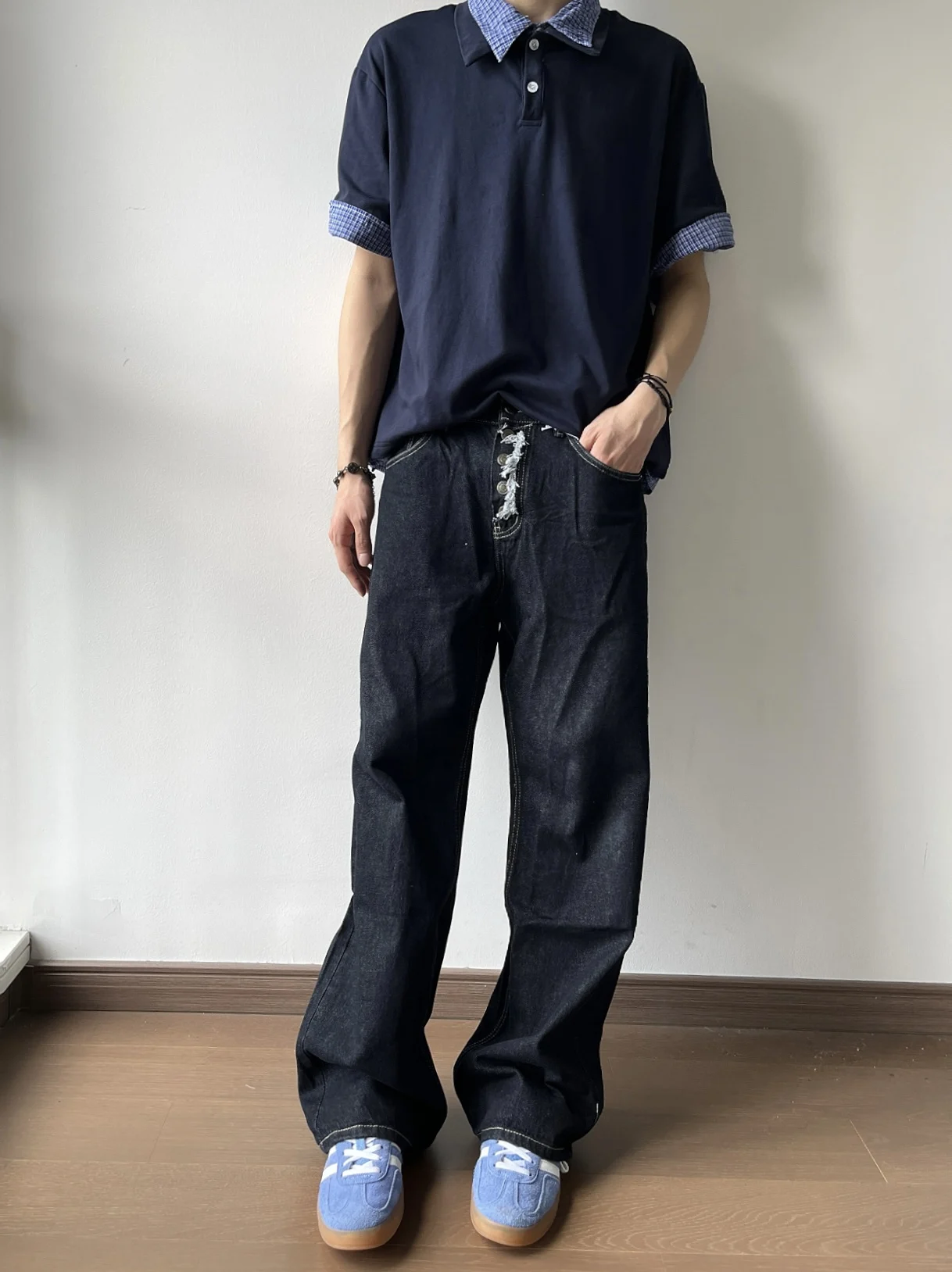 American High Street Retro Cleanfit Button Jeans originais soltos casuais calças compridas homens mulheres micro queimado jeans jeans casuais J...