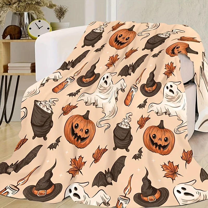 

Halloween Theme Flannel Blanket Pumpkin Ghost Hat Bat Print, Soft Cozy Throw Blanket Nap Blanket For Travel Sofa Bed Office