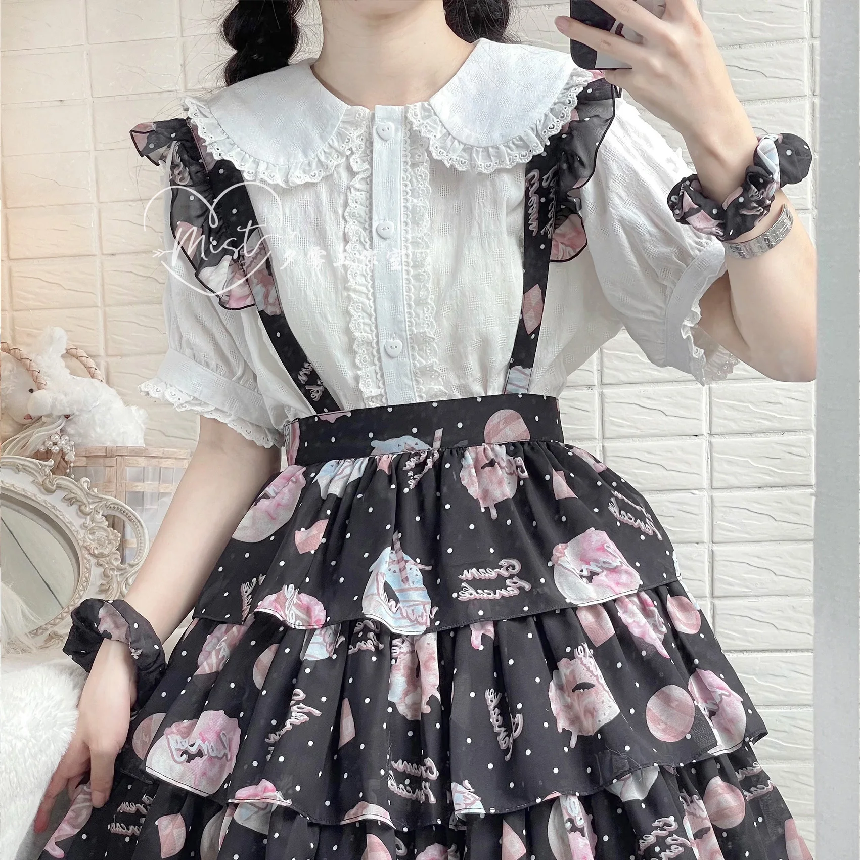 Japanese Sweet Lolita Inner White Shirt Girl Puff Sleeve Peter Pan Collar Ruffles Lace Y2k Blouses Women Elegant All-Match Top