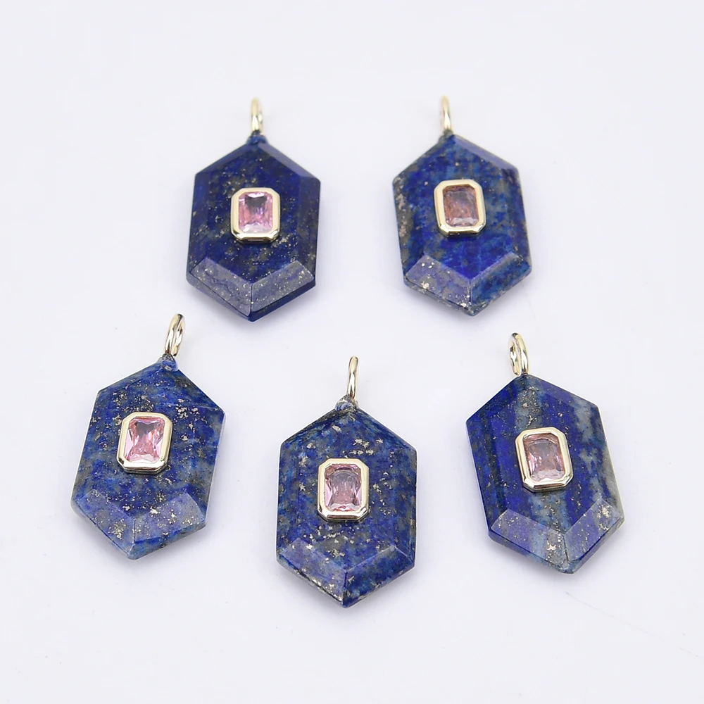 APDGG 5 Pcs 15x25mm Natural Blue Lapis lazuli Hexagon Shape CZ Paved Charms Pendant Beads Jewelry Making DIY