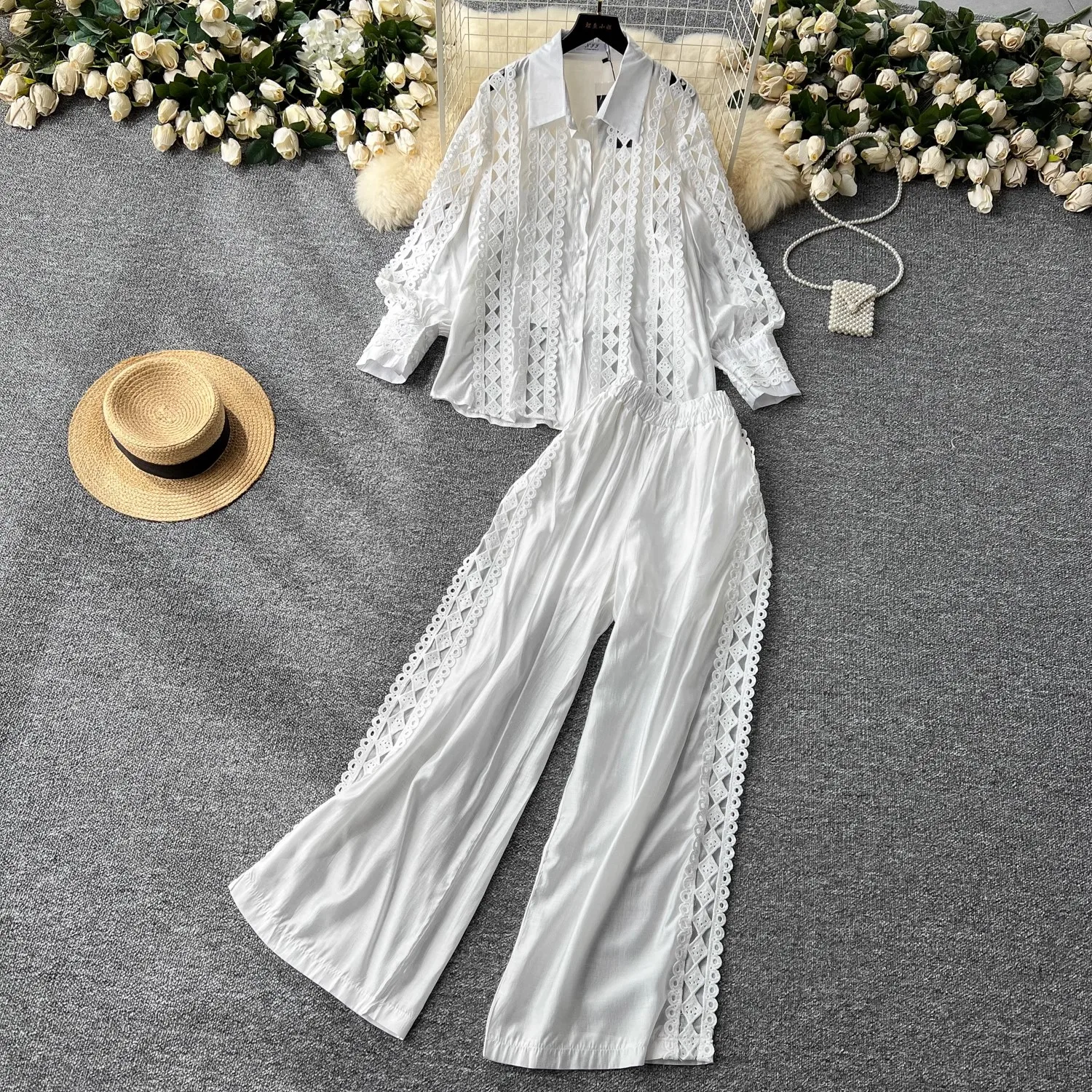 

Hollow Out Flower Lace Patchwork Pants Sets Women Fashion Lapel Lantern Sleeve Tops + High Waist Wide Leg Trousers Two Piece Set