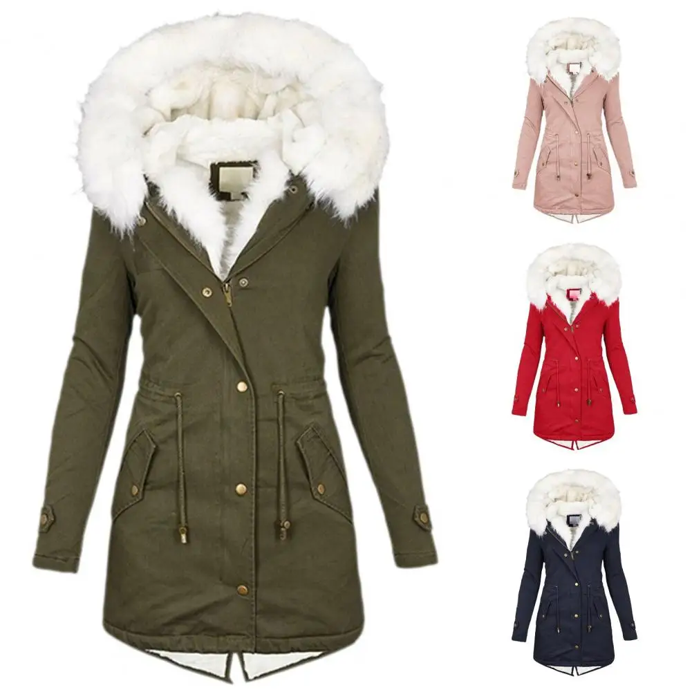 Lady Coat With Furry Hooded Plush Lined Mid Length Cold-proof Outerwear With Pockets And Drawstring Waist Daily Overcoat Jacket