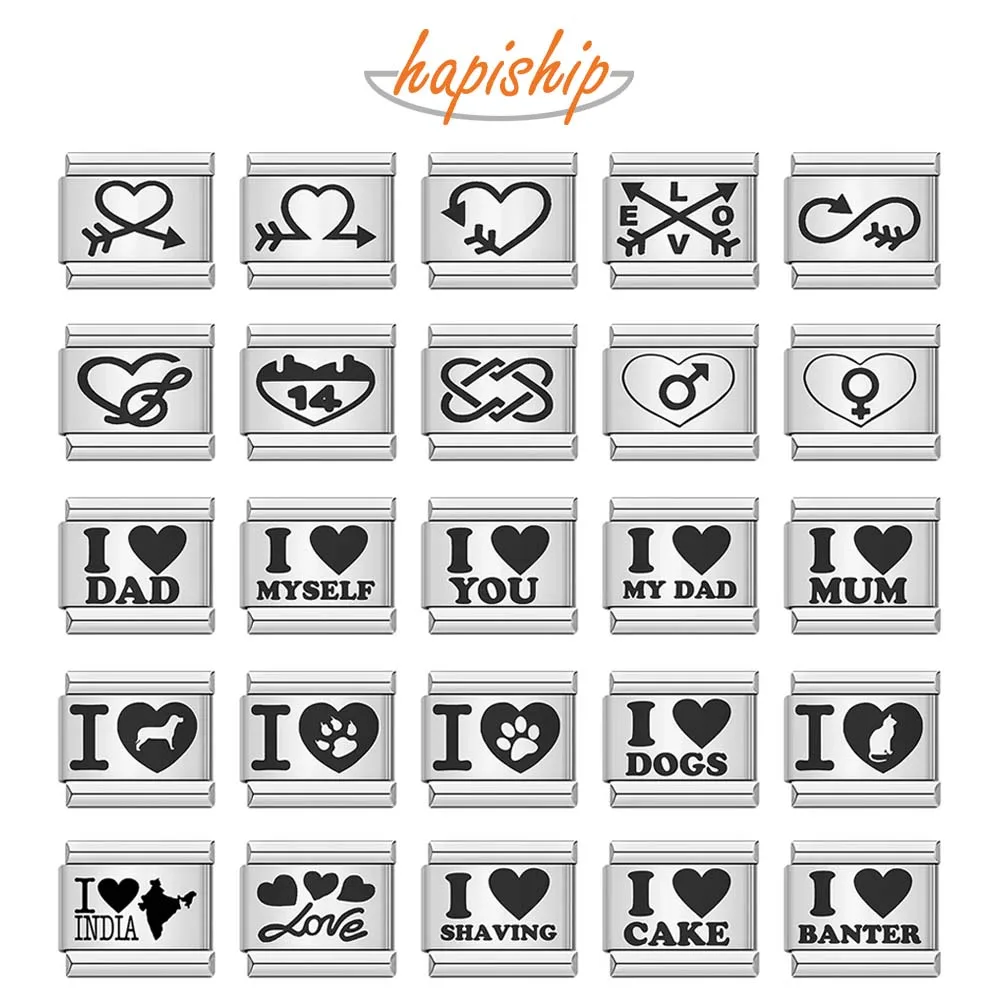 Hapiship Fashion Romantic Heart I Love Dad Mum You Dogs Links Charm Fit 9mm Bracelet Stainless Steel Jewelry DIY Making DJ478