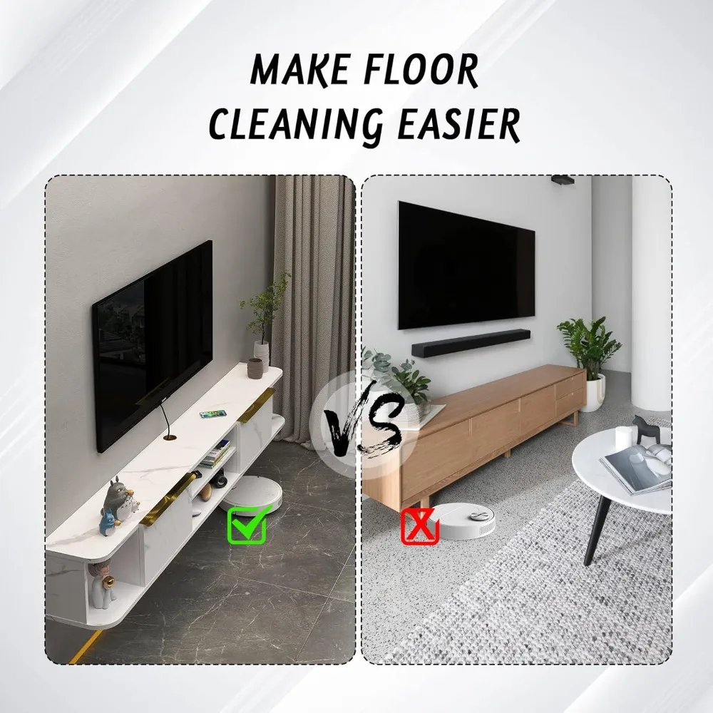 حامل تلفزيون عائم من Pneumonia مع درجين، ورف تلفزيون مثبت على الحائط مقاس 78 بوصة، ووحدة تحكم الوسائط لغرف النوم وغرف المعيشة باللون الأبيض