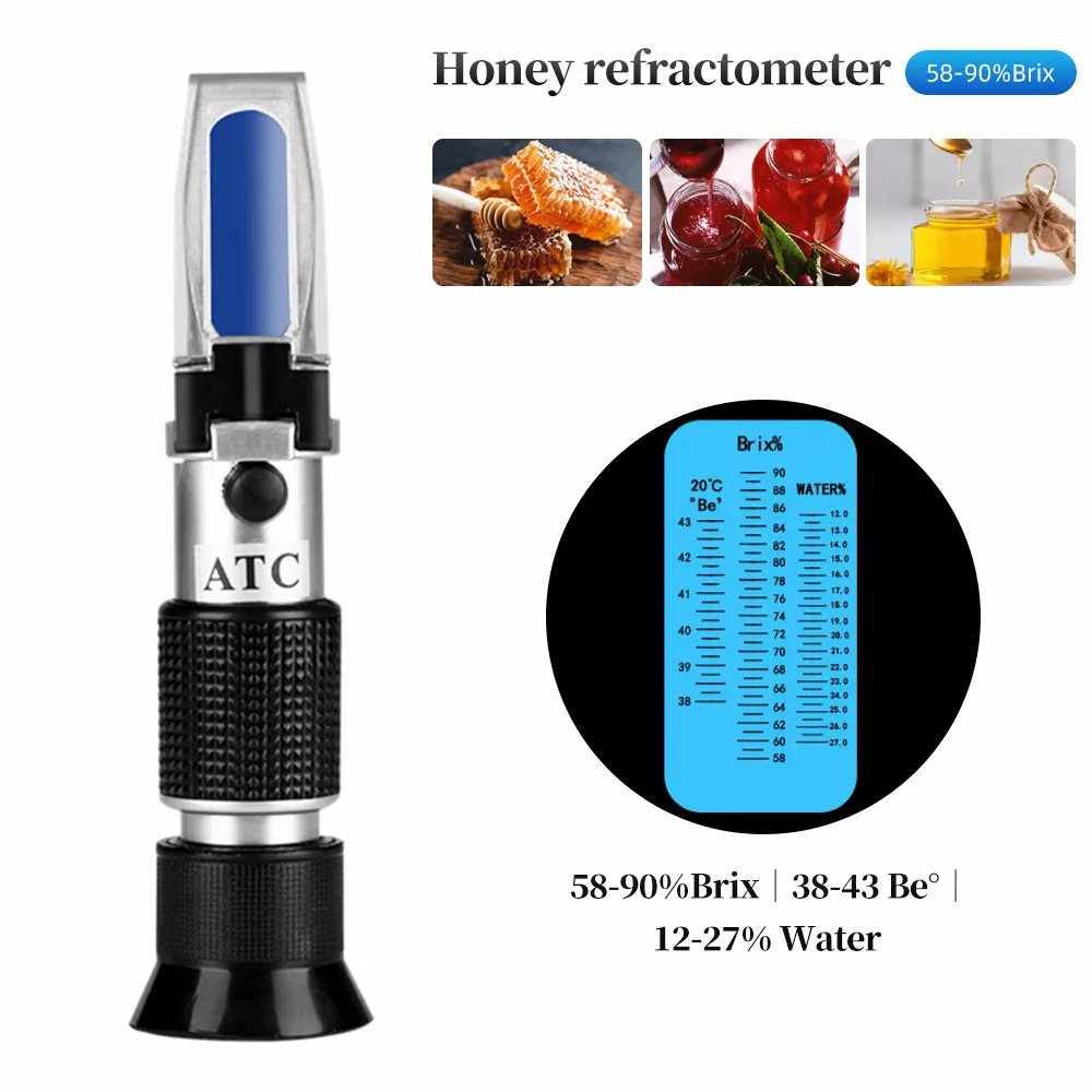 Honey Refractometer Tester 58-90% Brix Be Baume Beekeeping Tester with ATC for Honey Moisture, Brix and Baume