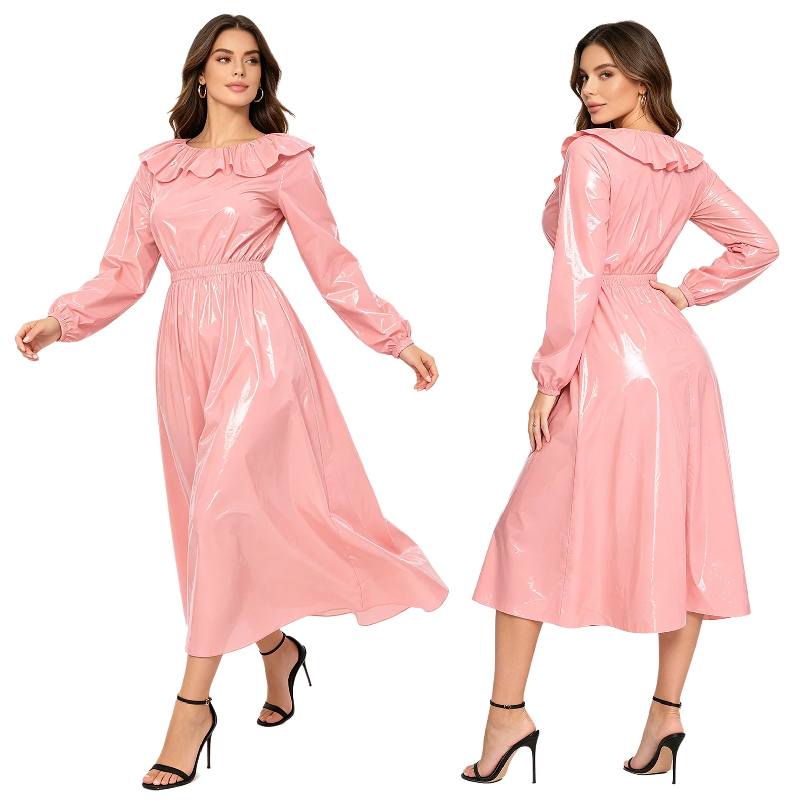 Damenmode Glänzendes Wasserdichtes Midikleid Vinyl-Schlafkleider Überwürfe Nachtwäsche Bademode Clubwear für Rave-Club-Themenpartys