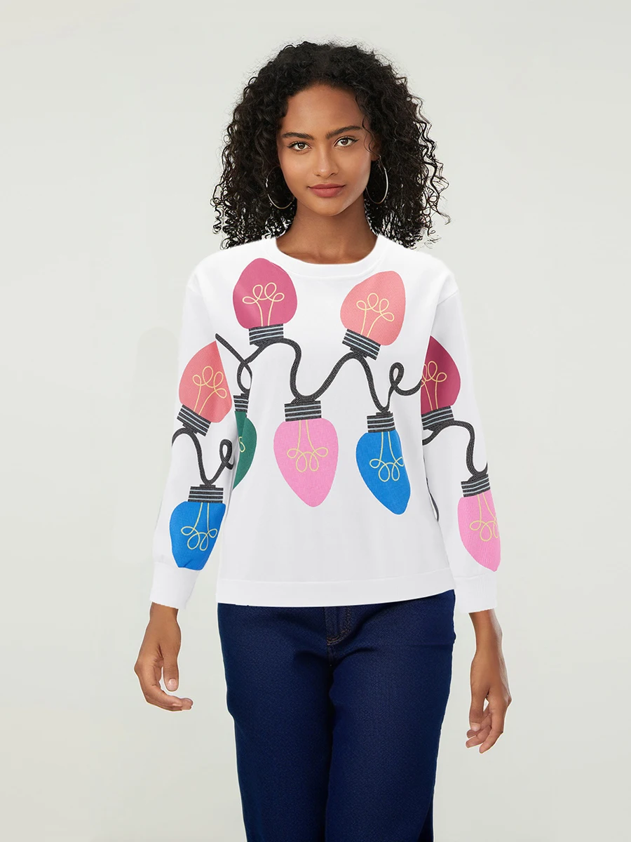 Sudadera con lentejuelas y luces para mujer, jersey de manga larga con cuello redondo, Tops informales, ropa de calle, jersey para primavera y otoño