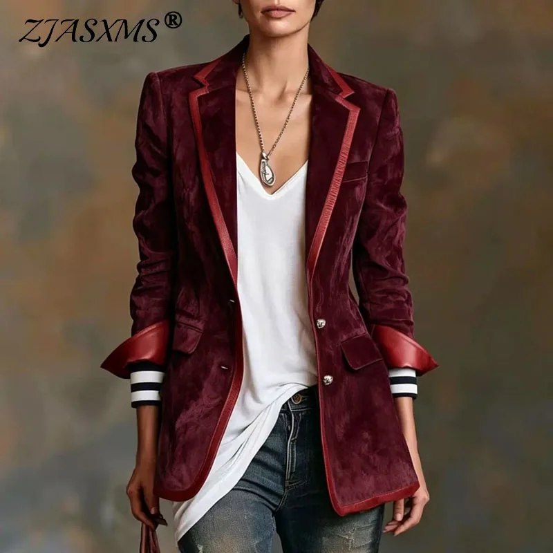 Contrast Red Trim Suede Jackets Women Notched Lapel Long Sleeve Striped Cuff Buttons Slim Fit Casual Blazer Vintage Street Coats