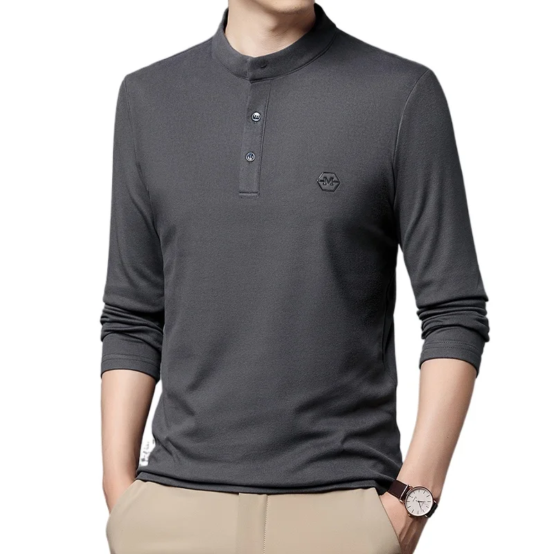 Men's Half High Neck Letter Printing Fashion Casual Button with Plush Bottom Shirt