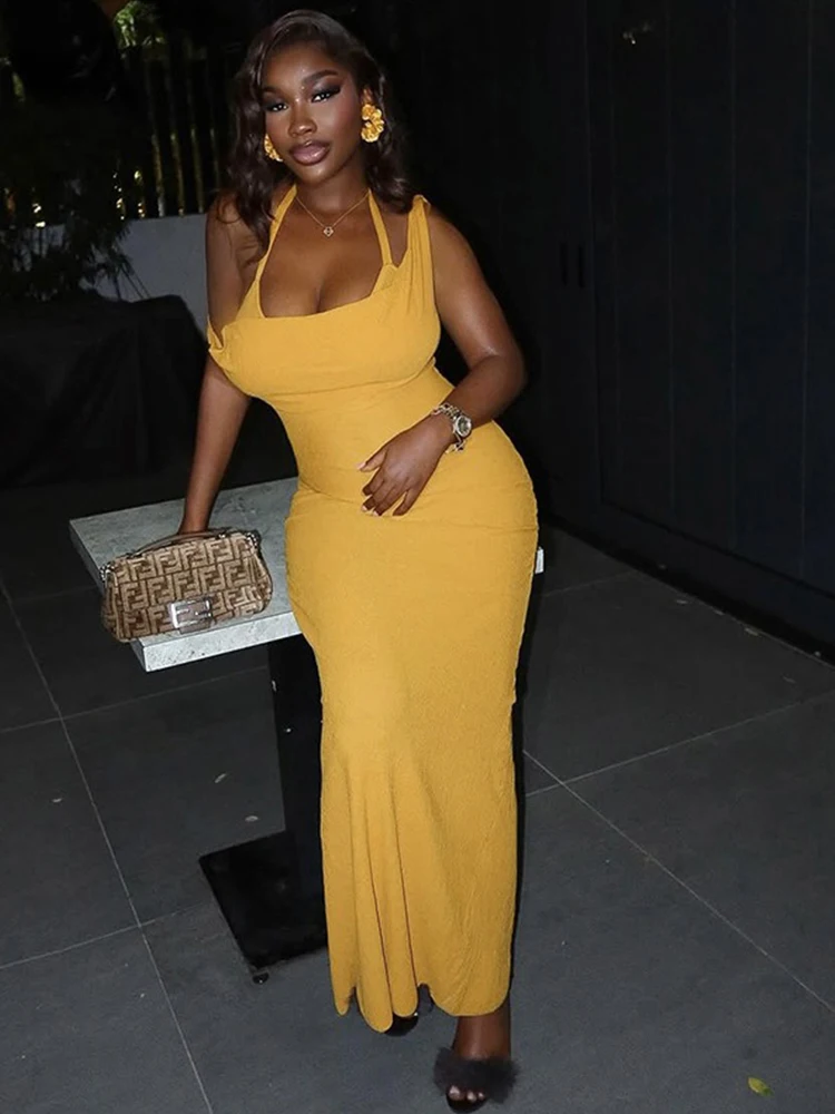 

Yellow Dress for Woman Elegant Party Ladies Summer Sleeveless Sexy Long Dress Lace Halter Backless Dress Wholesale Dropshipping