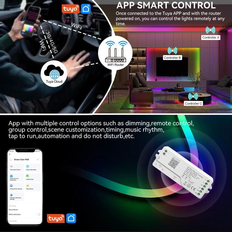 Imagem -02 - Tuya Wifi Led Strip Controller Dimmer Endereçável Ws2811 Ws2812b Spi Rgbic 524v Alexa Assistente do Google