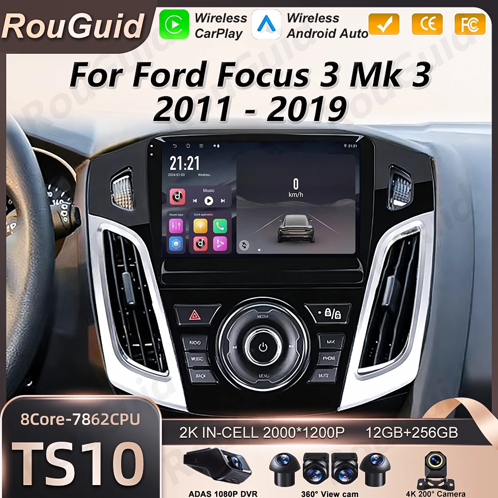 Rádio Automotivo Android 16 para Ford Focus 3 MK 3 2011 - 2019, Reprodutor Multimídia Carplay com GPS, Navegação DSP, Som Automotivo 2din com Tela.