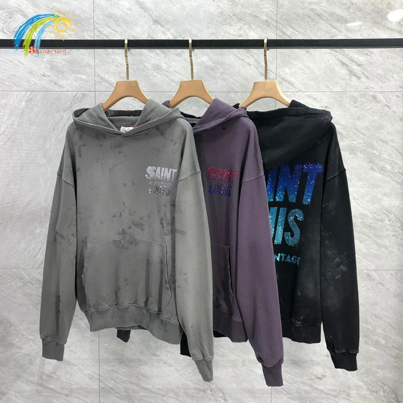 Heavy Fabric Cotton Diamond Gradient Logo SAINT LOUIS Hoodie Men Women Vintage Washed Purple Black Grey Damaged Loose Pullovers