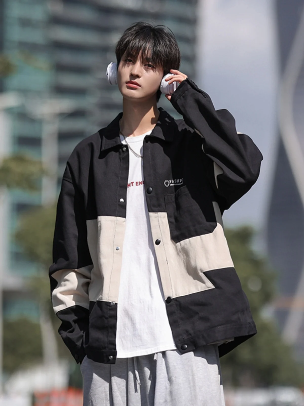 

Повседневная мужская куртка с воротником-стойкой, весенне-осенняя, в стиле колор-блок, свободного кроя, рабочая одежда, молодежная, модная, из полиэстера и нейлона