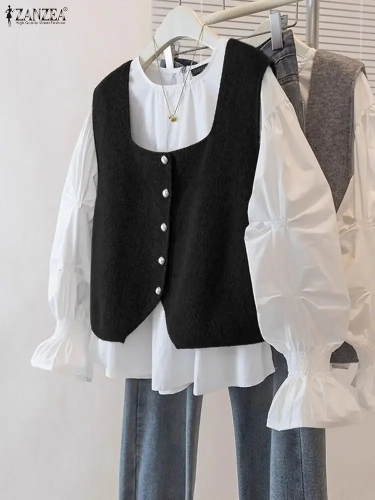 

ZANZEA Elegant Women Shirts Streetwear Long Sleeve Patchwork Blouse 2025 Fashion O-Neck Casual Loose Office Lady Blusas Clothing