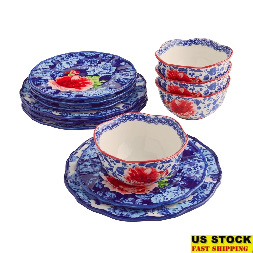 

Heritage Floral Stoneware Dinnerware Set 12-Piece Rustic Elegant Dinner Plates Bowls Salad Perfect Everyday and Formal Dining