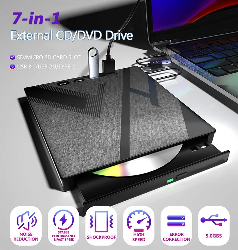 Unidad de CD DVD externa USB, USB3.0 y tipo C, 2 ranuras para tarjetas TF/SD, grabadora de CD/DVD, lector para ordenador portátil, Mac y PC, 4 unidades
