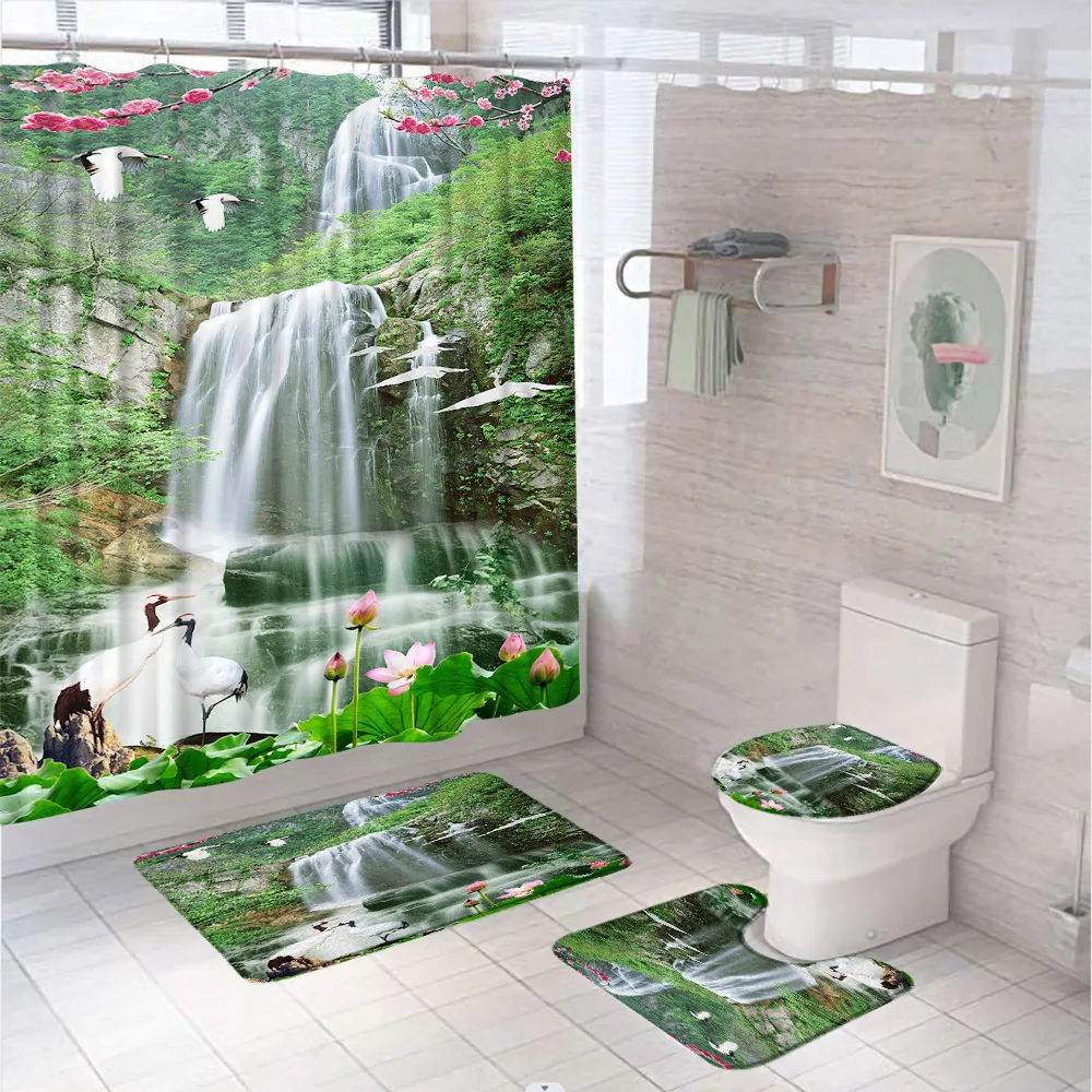 Waterfall Scenery Shower Curtain Set Tropical Jungle Primeval Forest Lotus Bathtub Decor Curtains With Bath Mat Rug Toilet Cover