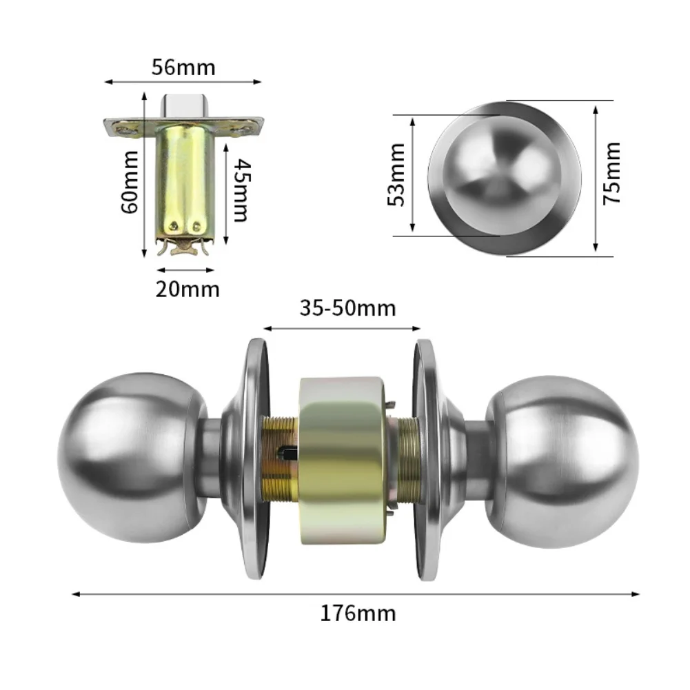 For Interior Door Lock Knob Zinc Alloy Keyless Spherical Handle with Push Button 176mm for Wooden Doors Rust Resistant Build