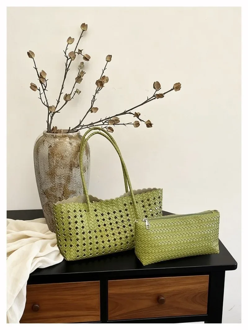 CEEKAY Damen-Tragetasche, orange, gewebtes Kunstleder, große Schulterhandtasche mit Reißverschlusstaschen-Set, Sommer, Strand, Urlaub, Mode – Detail 4