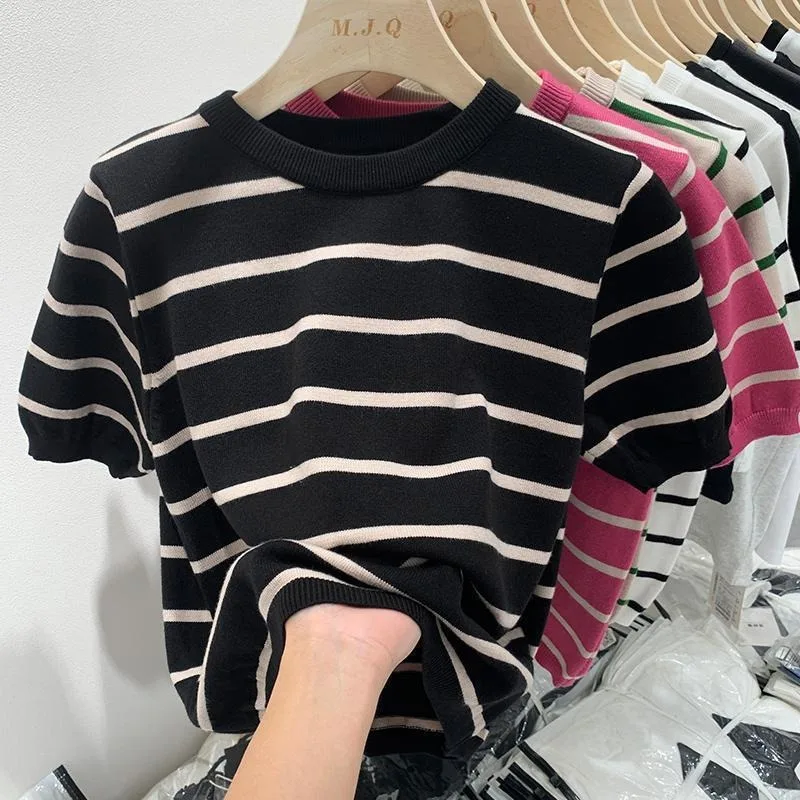 Women Summer Sweater Casual Striped Korean Fashion Style Cropped Knit Pullover Vintage O Neck Short Sleeve Female Chic Clothing
