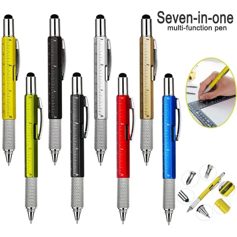 1set 7 in1 With Handheld Tool Multifunction Ballpoint Pen Measure Technical Ruler Screwdriver Touch Screen Stylus Spirit Level