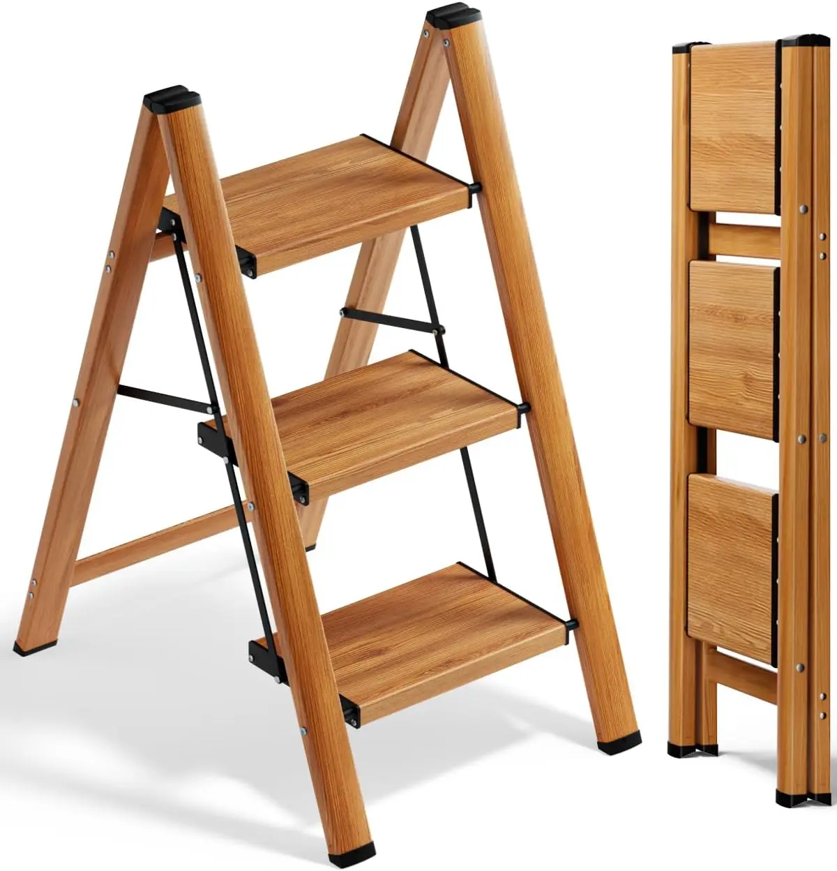 

Folding Aluminum 3 Step Ladder with Anti-Slip Pedal, Sturdy Woodgrain Design for Home Kitchen Use, 300 lbs Capacity