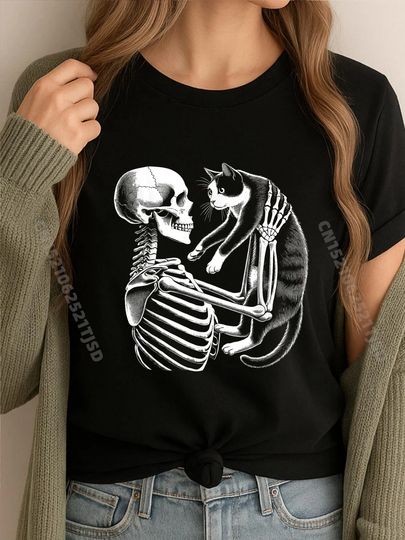 

Скелет держит кот, забавный ленивый костюм на Хэллоуин, футболки с рисунком черепа, 100% хлопок, Camisetas De Hombre, европейский размер