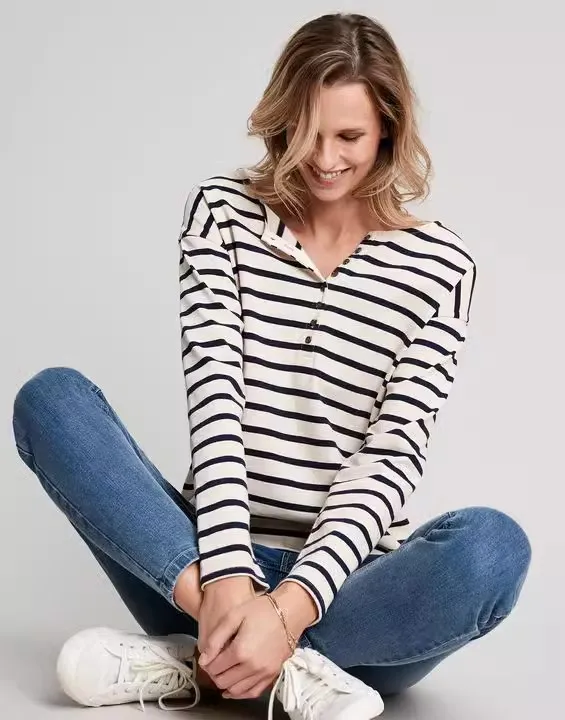 Button Placket Striped T-Shirt Women's Long-Sleeved Sea Soul Shirt/Полосаeder Ж Eisischer Футбо Bien С Дbel Bekidadка Ushми Иоб May Vedцами