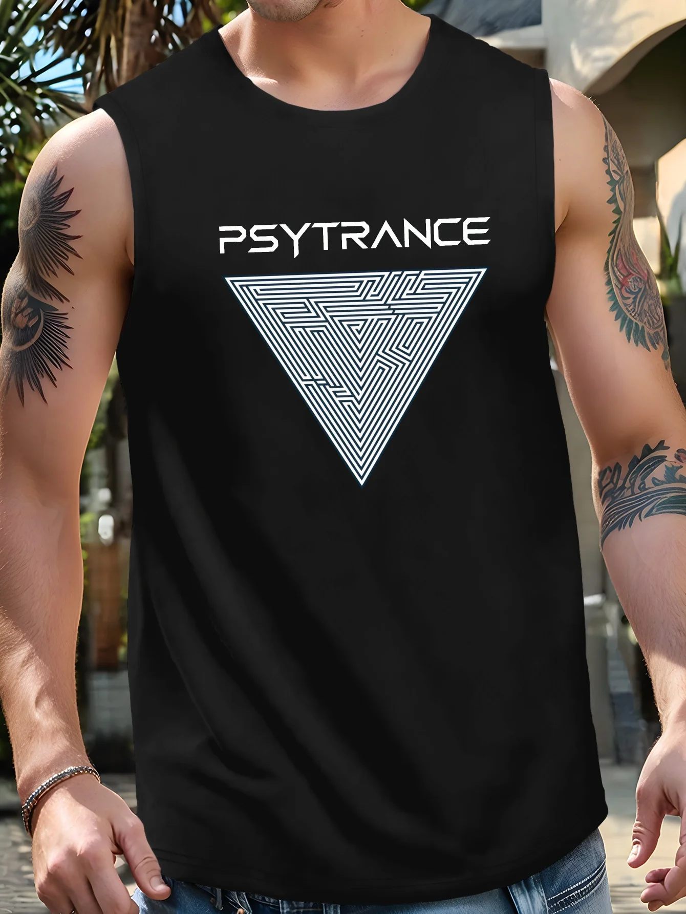 Men's mini vest, featuring the Psytrance maze triangular design