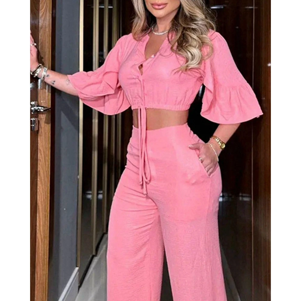 Sommer Ensemble Femme 2 Stück V-Ausschnitt ausgestellte Ärmel Crop Top & weites Bein Hosen Set lässig 2-teilige rosa Anzug Sets Damen Outfits