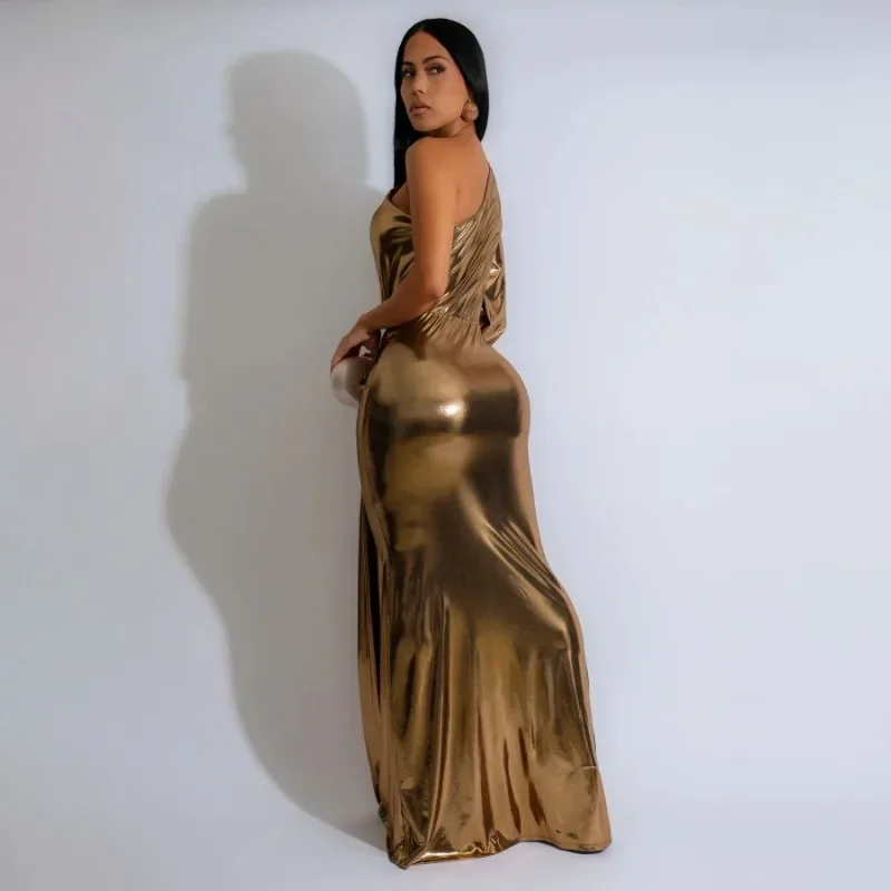 Women Elegant Sexy Metallic Gilding Ruched Ribbon Maxi Evening Party Dress One Shoulder Full Sleeve Bodycon Clubwear Long Robes