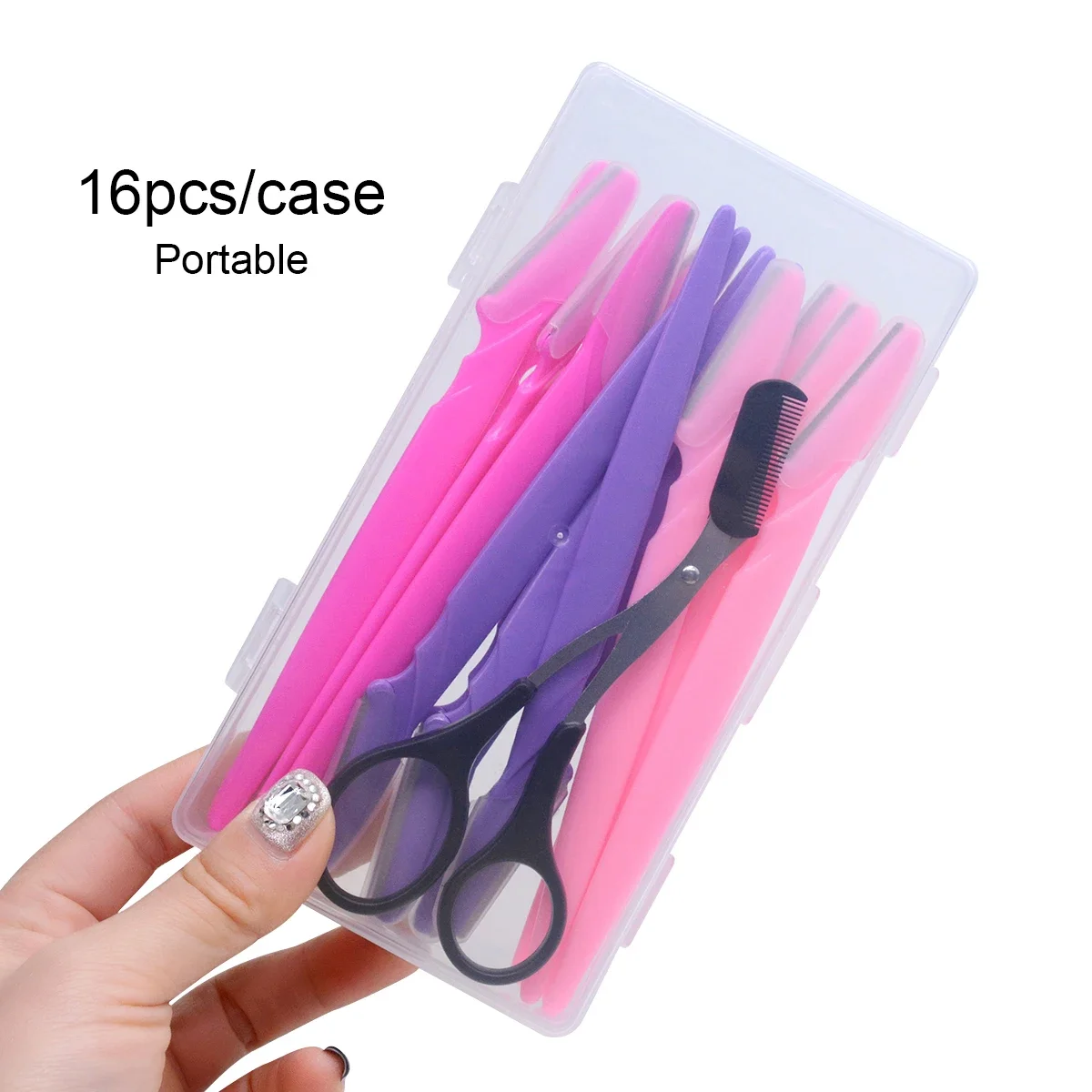 15 ชิ้นมีดโกนคิ้วและ 1 ชิ้นหวีคิ้วกรรไกรล้าง Contianer กรณีผู้หญิง Face และ Body Trimmer ผมเครื่องโกนหนวด Eye Brow