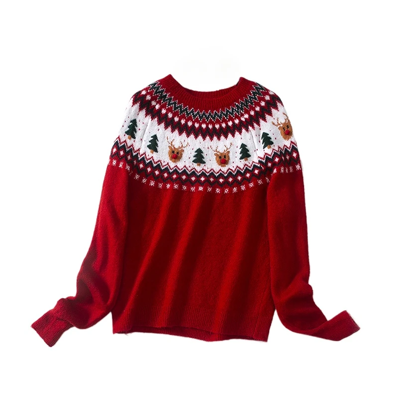 

2024 Women's Winter Christmas Sweater Oversize New Year Retro Women's Clothes Red O-Neck Jumper Jerseys Long Sleeve Top Pullover