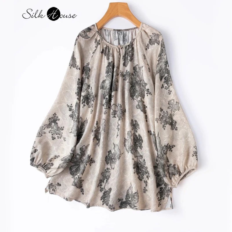 

Women's Clothing Ink Print 19MM 100% Natural Mulberry Silk HuaLuo Jacquard Satin Round Neck Lantern Long Sleeved Loose T-shirt